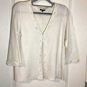 Reitmans Women's White Angora Blend Cardigan Lace Sequins Luxury Classic Soft